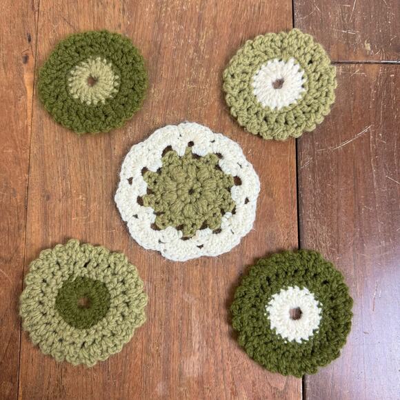 Set of 5 VINTAGE crochet hand made Monotone‎ Green white Coaster set - Picture 1 of 4